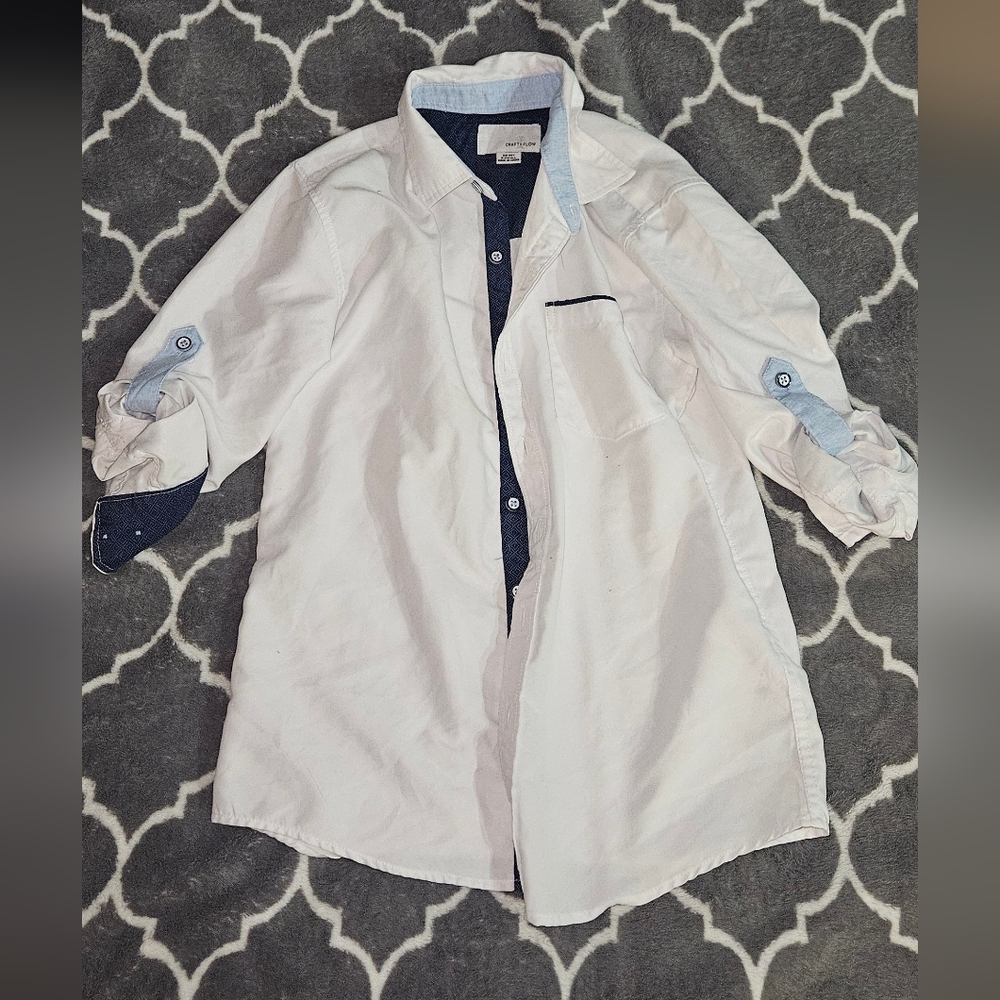 White Button-Up Shirt with Blue Accents